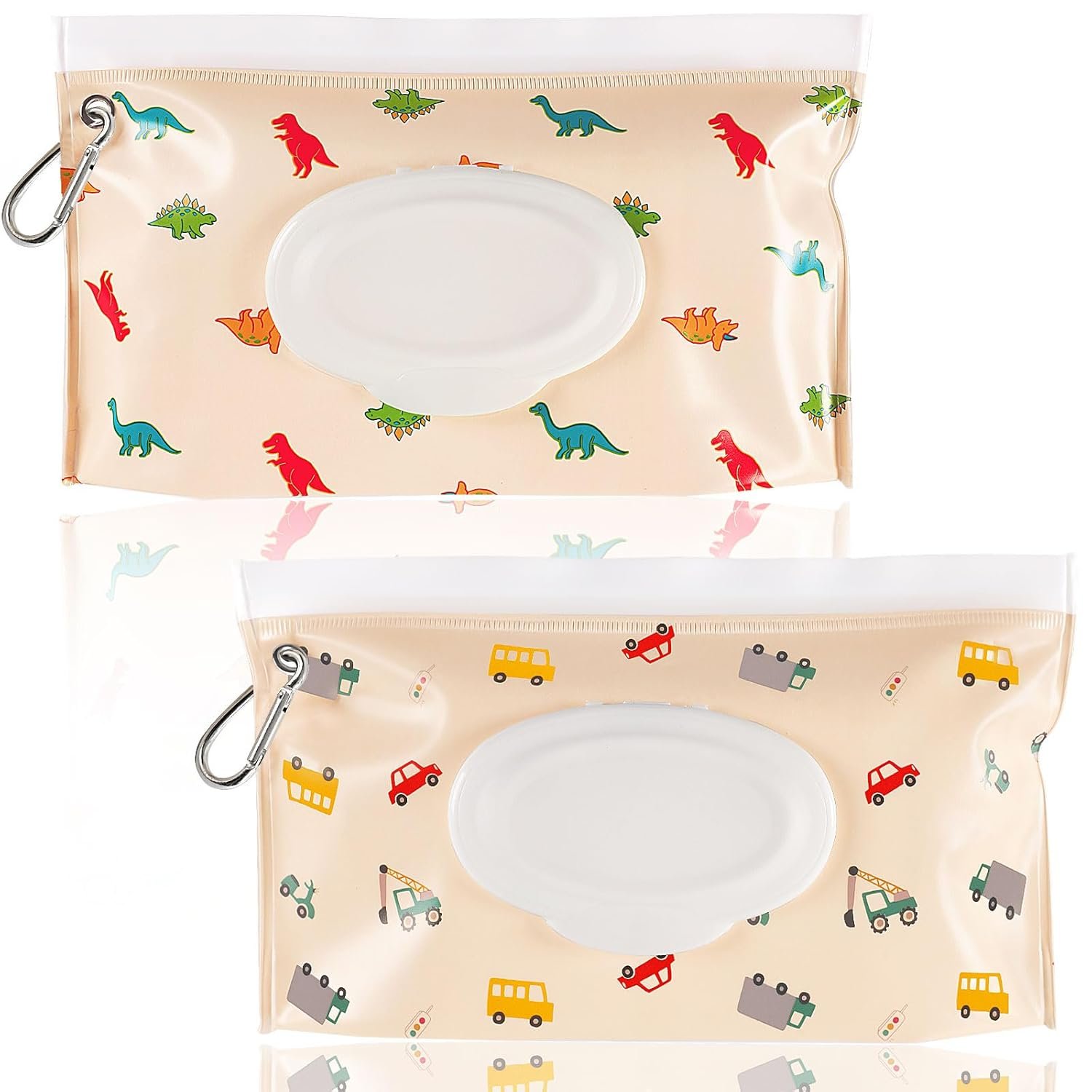 FEBSNOW 2 Pack Baby Wipes Dispenser, Portable Refillable Wipe Holder Baby Wipes Container Travel Wipes Case Reusable Wet Wipes Pouch (Dinosaur, Car)